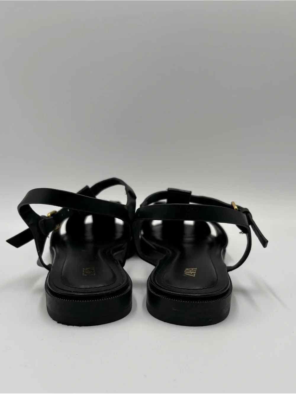Zara Black Leather T-Strap Flat Sandals - Picture 3 of 6